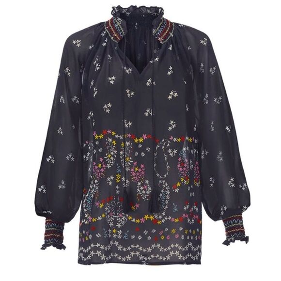 Cabi Blue Floral Print Sheer Long Sleeve Enjoy Blouse Tunic Oversized Size Small - Picture 1 of 14